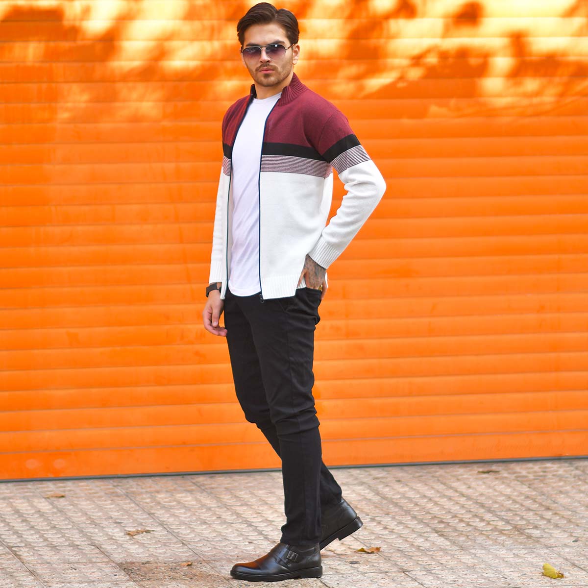 سوئیشرت بافت مردانه مدل Brenda رنگ زرشکی و سفید