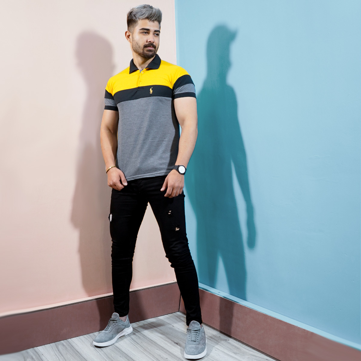 تيشرت مردانه رنگ طوسي زرد مدل chian