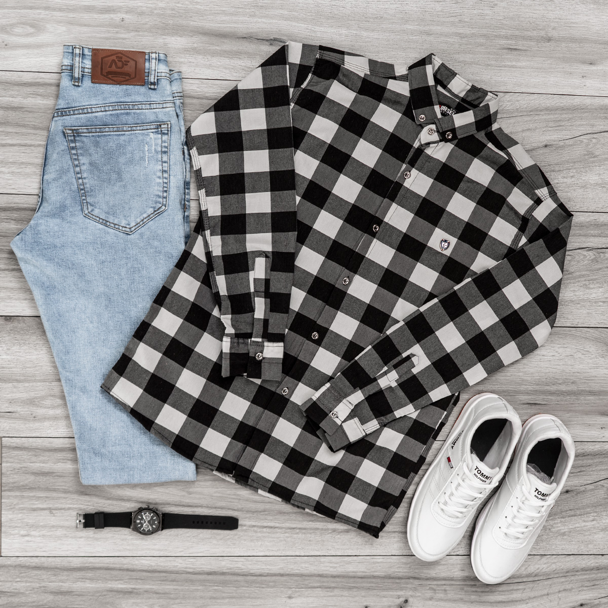 پیراهن چهار خونه مشکی سفید مردانه مدل Kiano