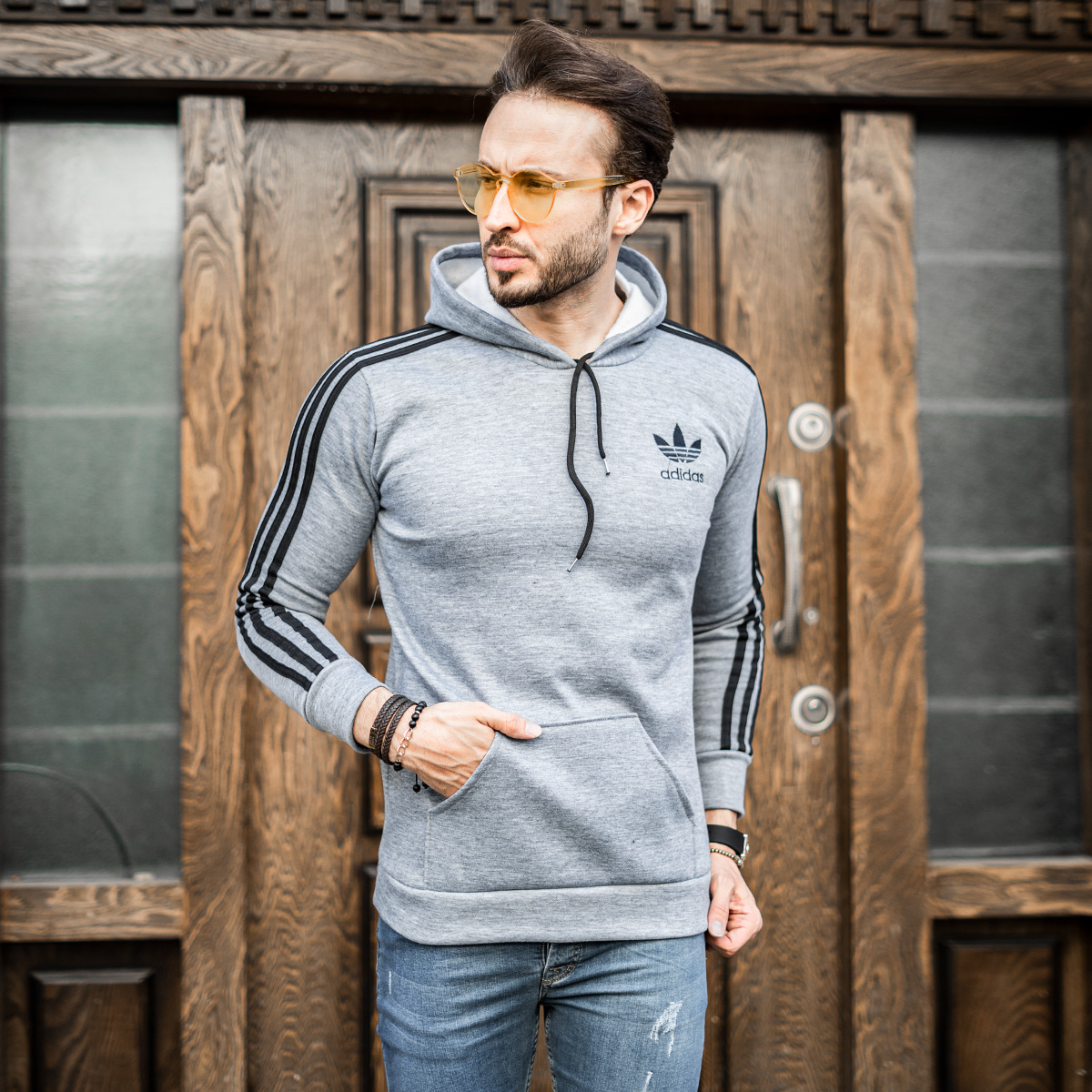 هودی مردانه آدیداس آستین خط دارمدل Tekin