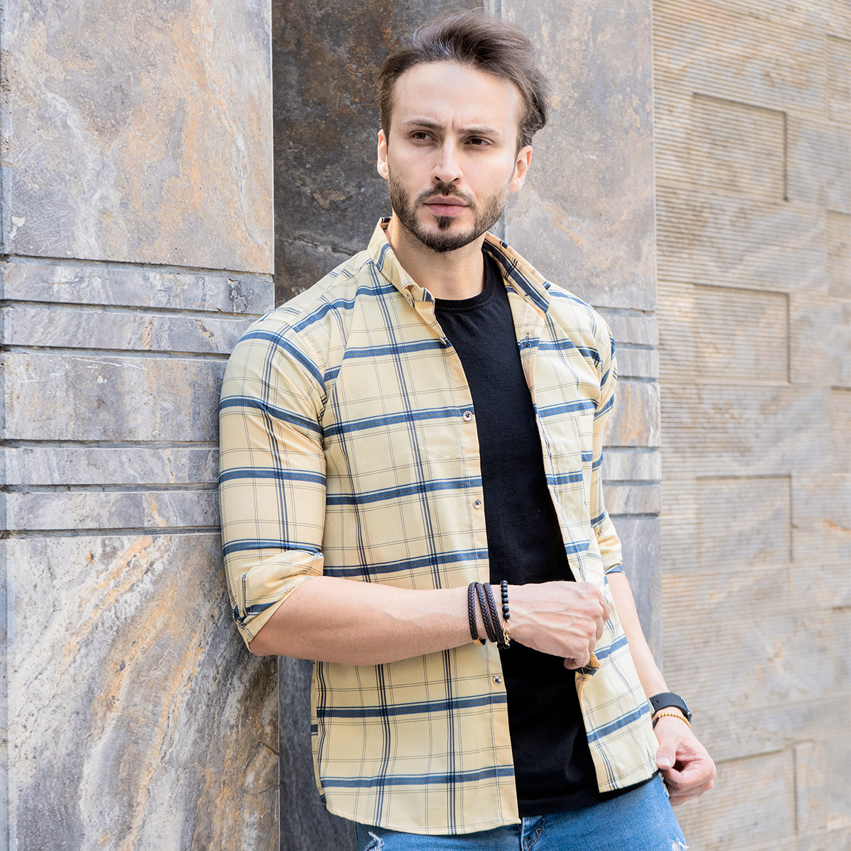 پیراهن چهارخانه درشت زردمدل Dgr