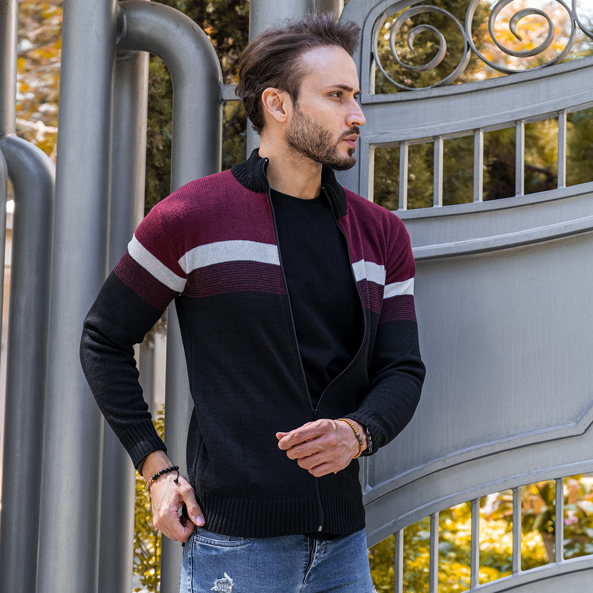 بافت مردانه زیپ دار دورنگ زرشکی مشکی مدل shadima