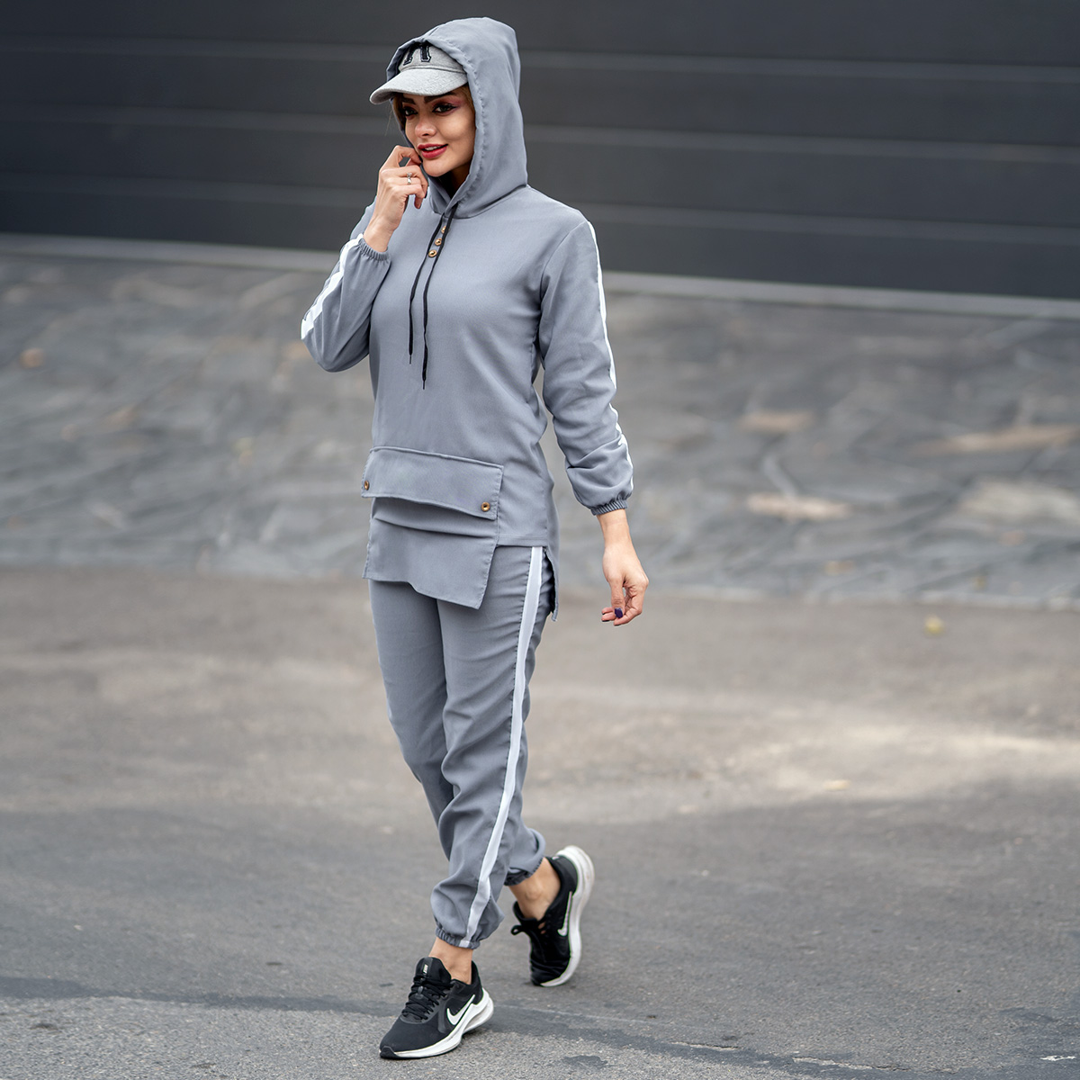 ست هودی شلوار جیب جلو طوسی دخترانه مدل Erina