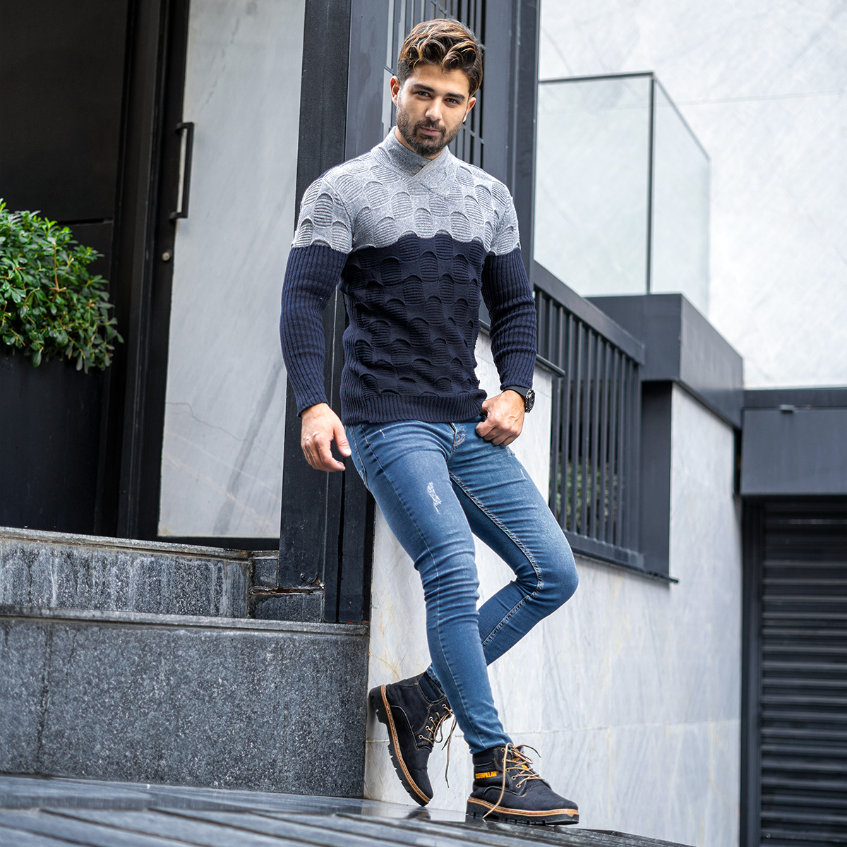 پلیور دورنگ سرمه ای طوسی مردانه مدلArkia