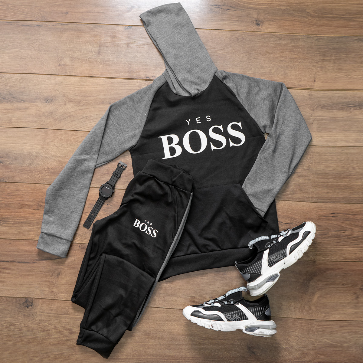 ست هودی شلوار BOSS مردانه طوسی مشکی مدل Varm