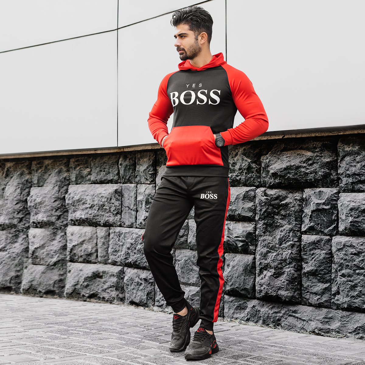 ست هودی شلوار BOSS مردانه قرمز مشکی مدل Varm