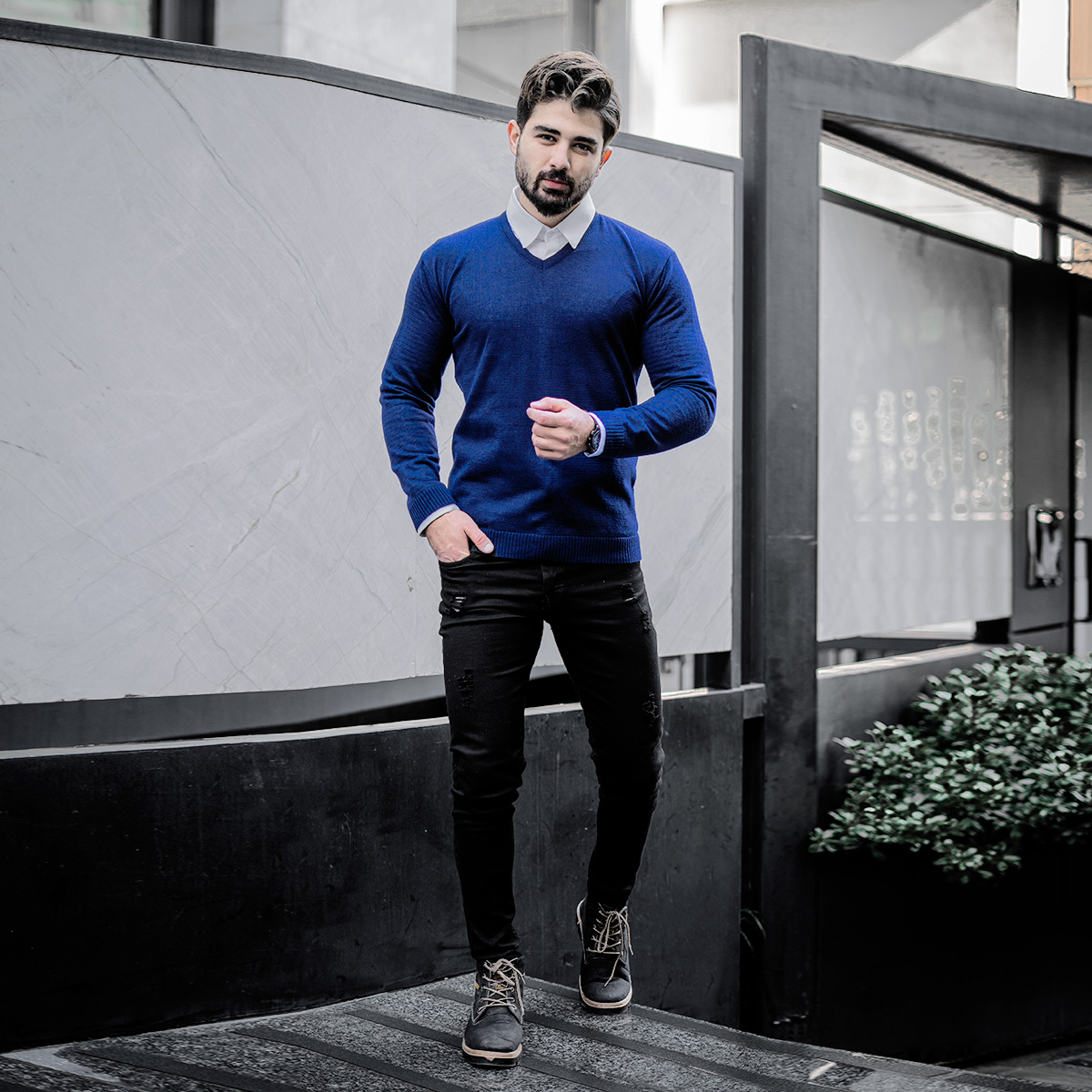 پلیوربافت یقه هفت سرمه ای مردانه مدلETM