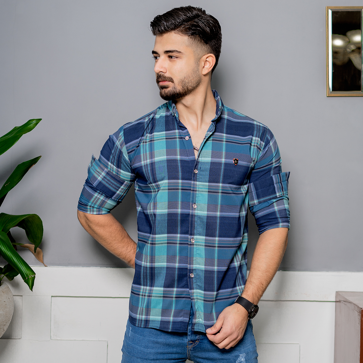 پیراهن مردانه آبی سرمه ای مدل himo