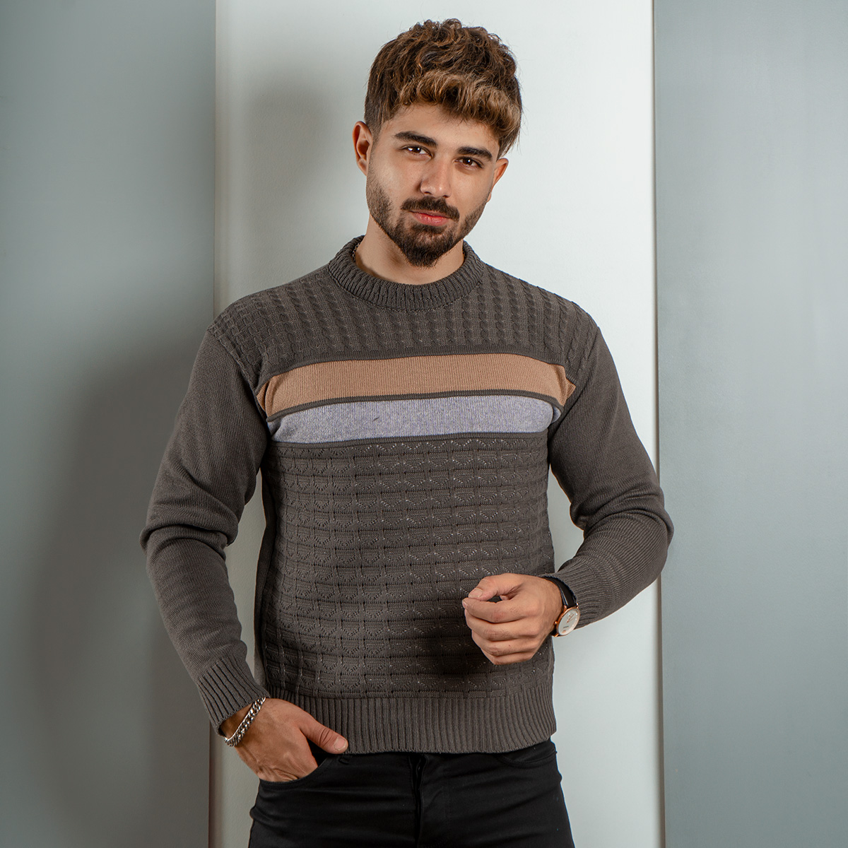 پلیور مردانه (T) یقه گردمدل Ariya	 رنگ دودی