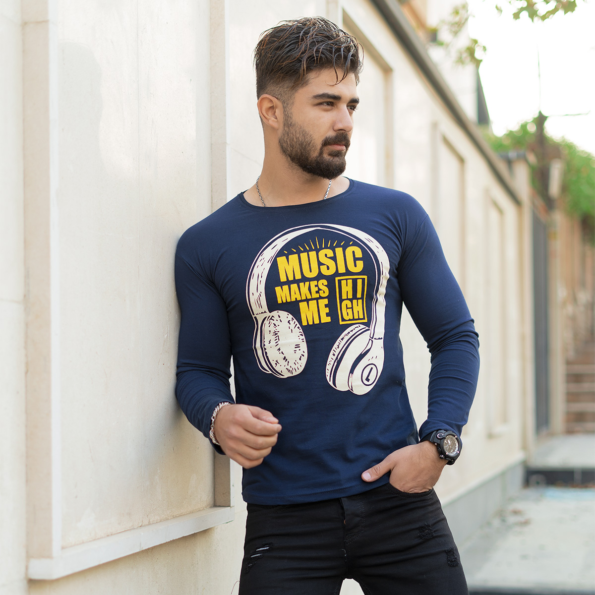 تیشرت آستین بلندمردانه طرح هدست سرمه ای مدل O22