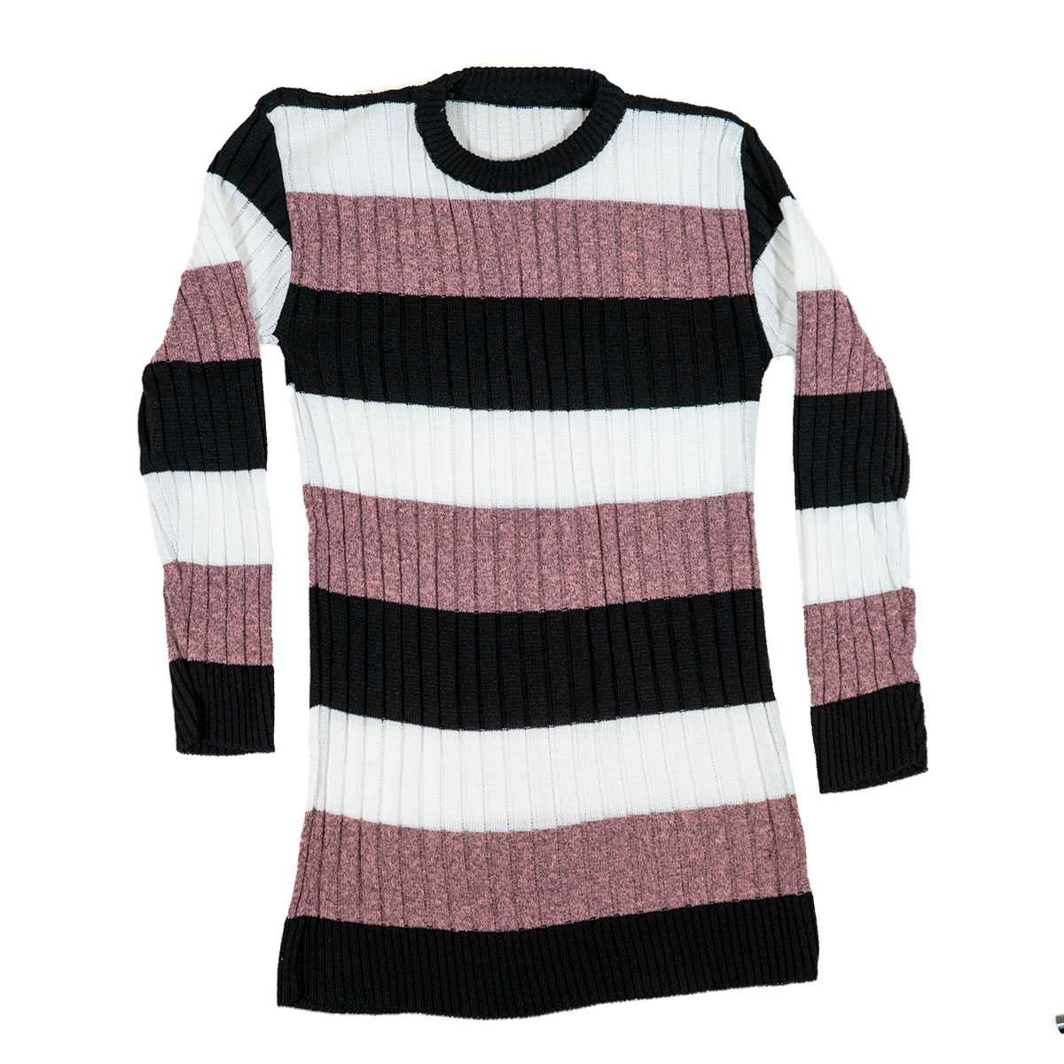 تونیک بافت زنانه راه راه سفید گلبهی مدل kareno