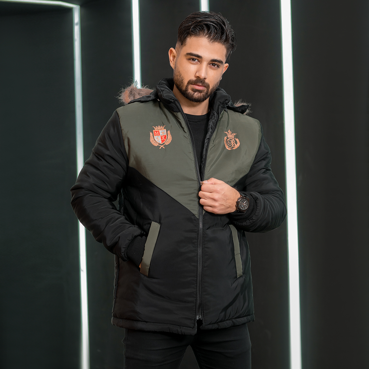 کاپشن مردانه مشکی سبز مدل Arin