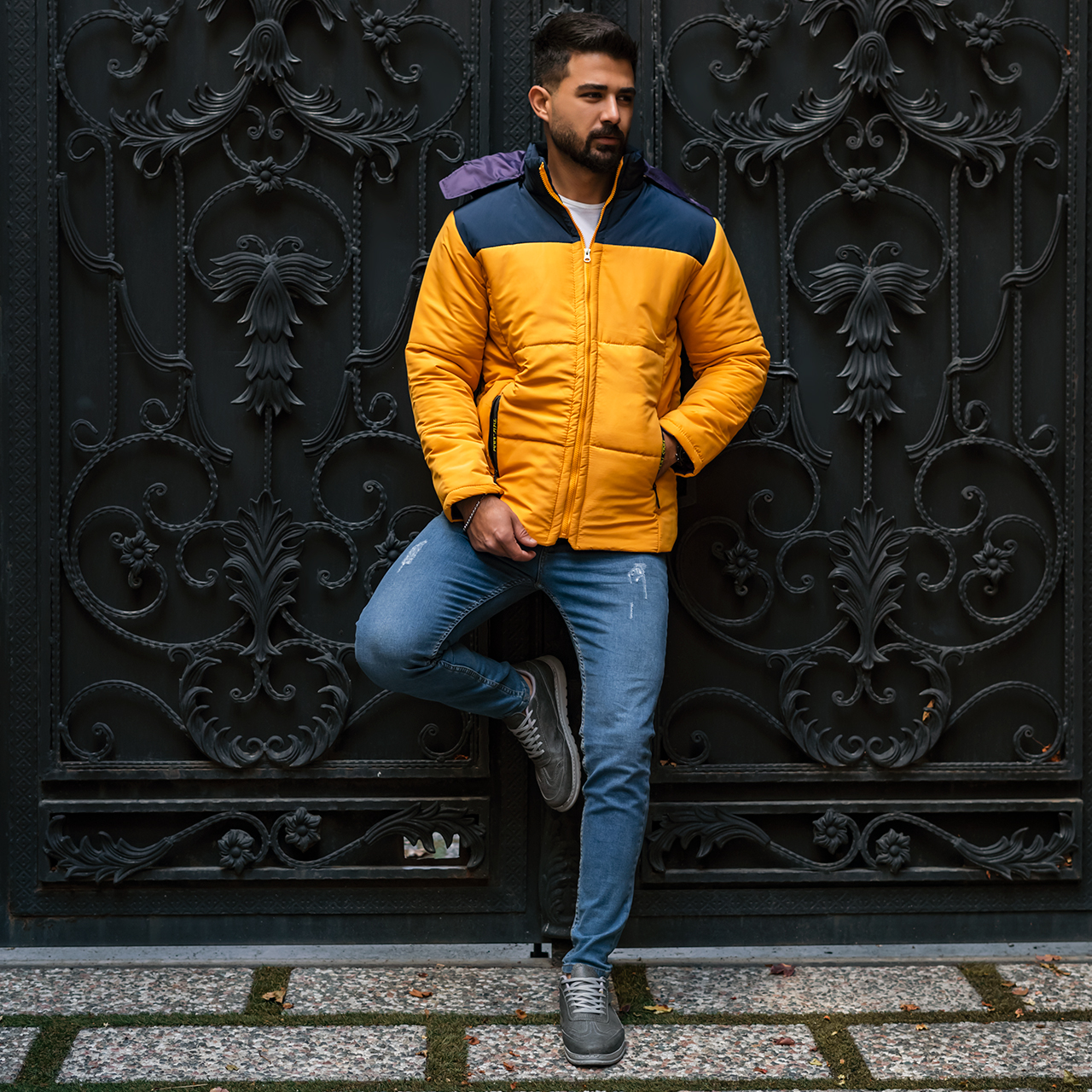 کاپشن دورنگ سرمه ای زرد مردانه مدلAidin