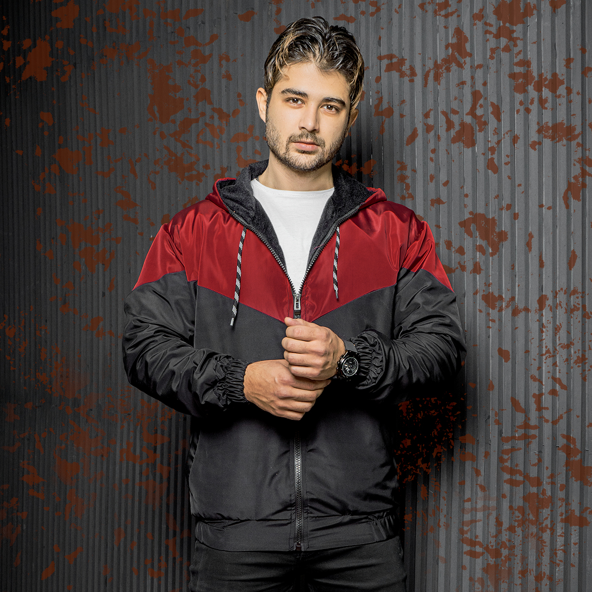 کاپشن مردانه مشکی زرشکی مدل K64