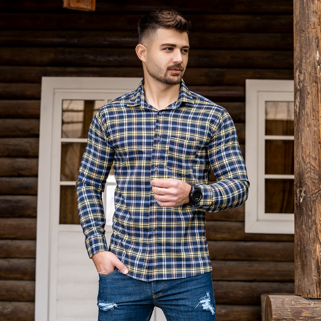 پیراهن چهارخانه زرد سرمه ای مردانه مدلDivan