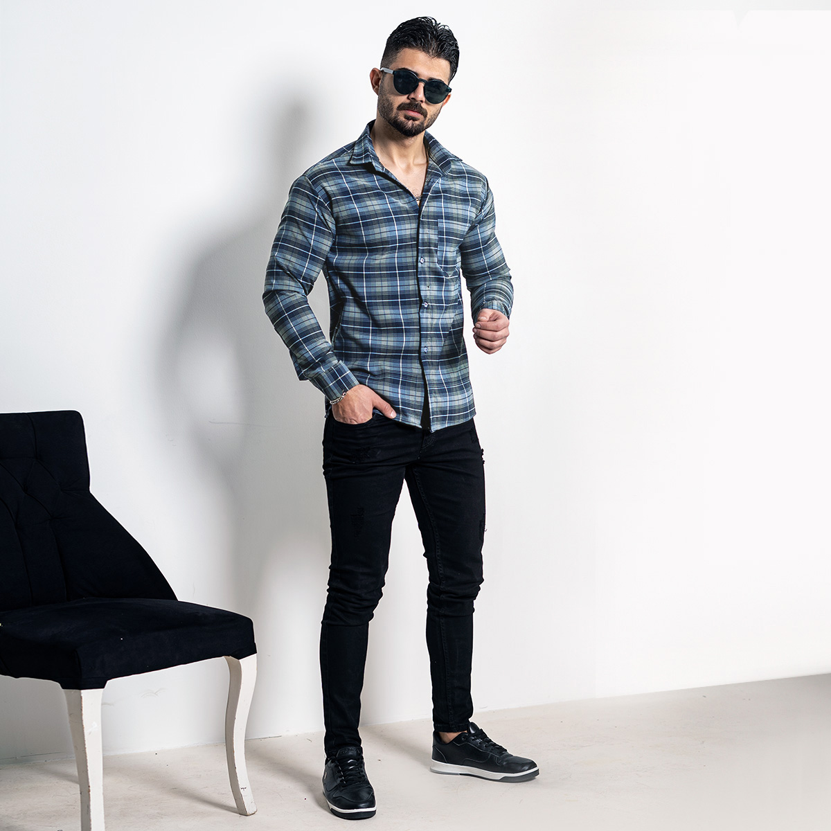 پیراهن چهارخانه آبی تیره سرمه ای مردانه مدلDivan