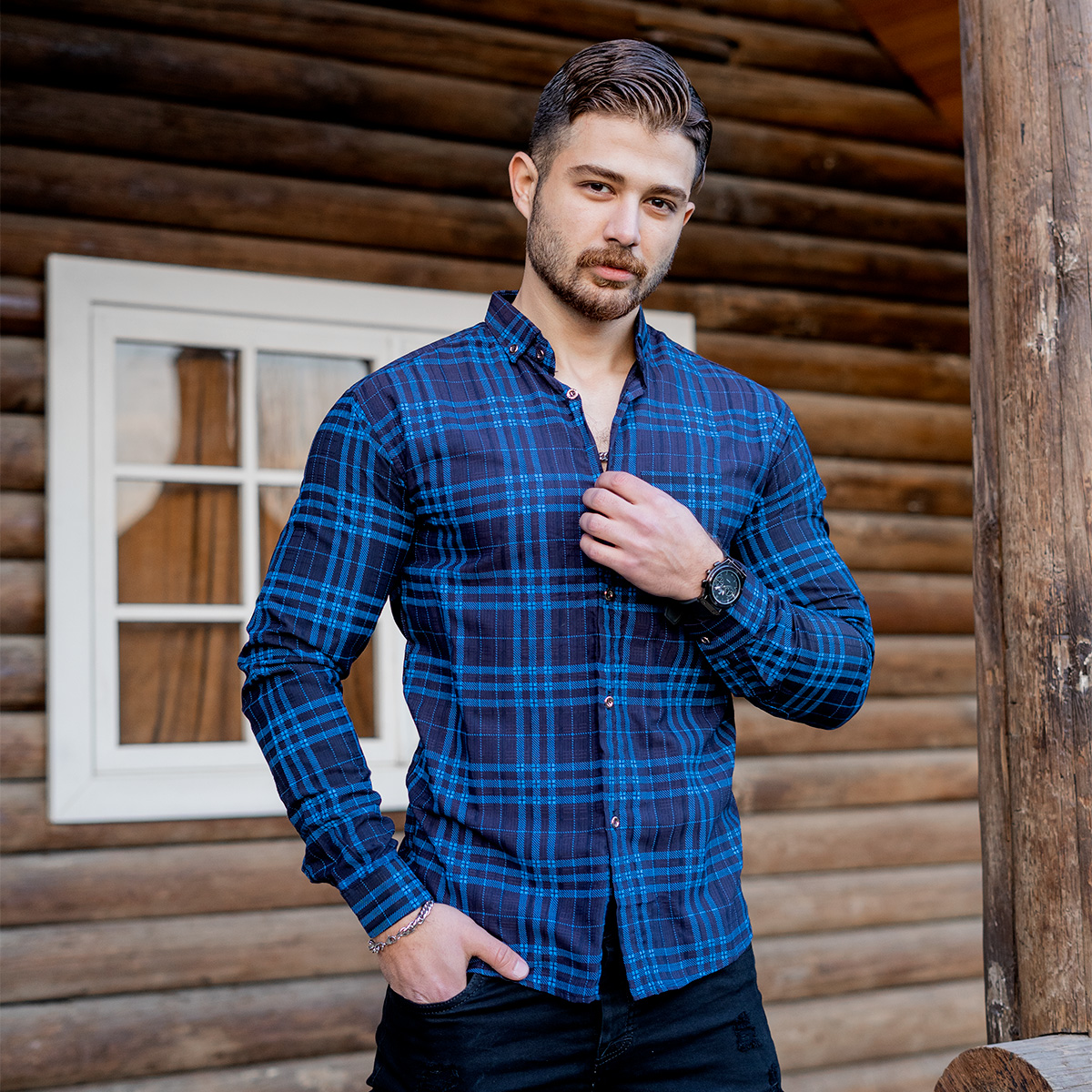 پیراهن چهارخونه مردانه آبی مدل farzam