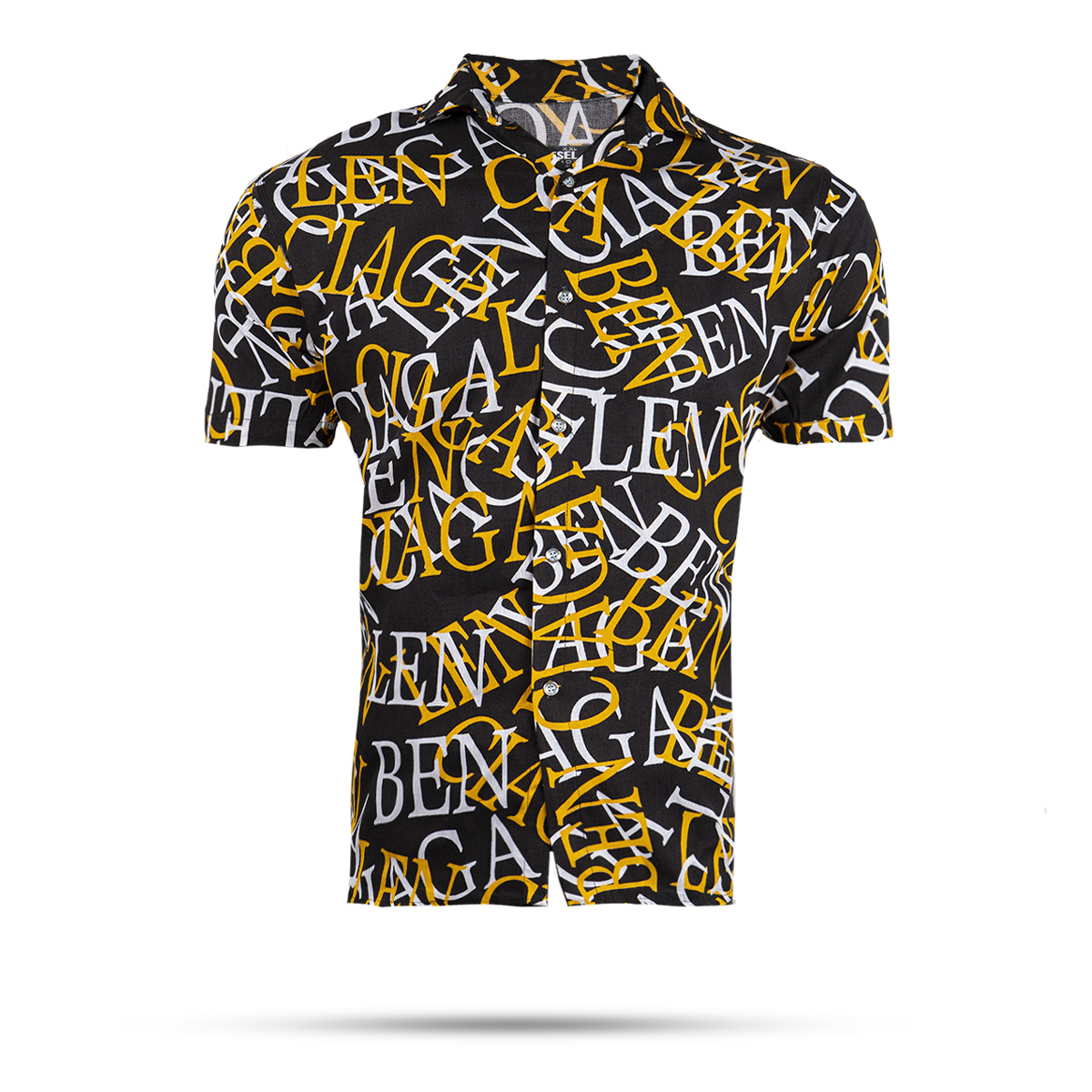 پیراهن هاوایی مردانه مشکی زرد مدل ABC