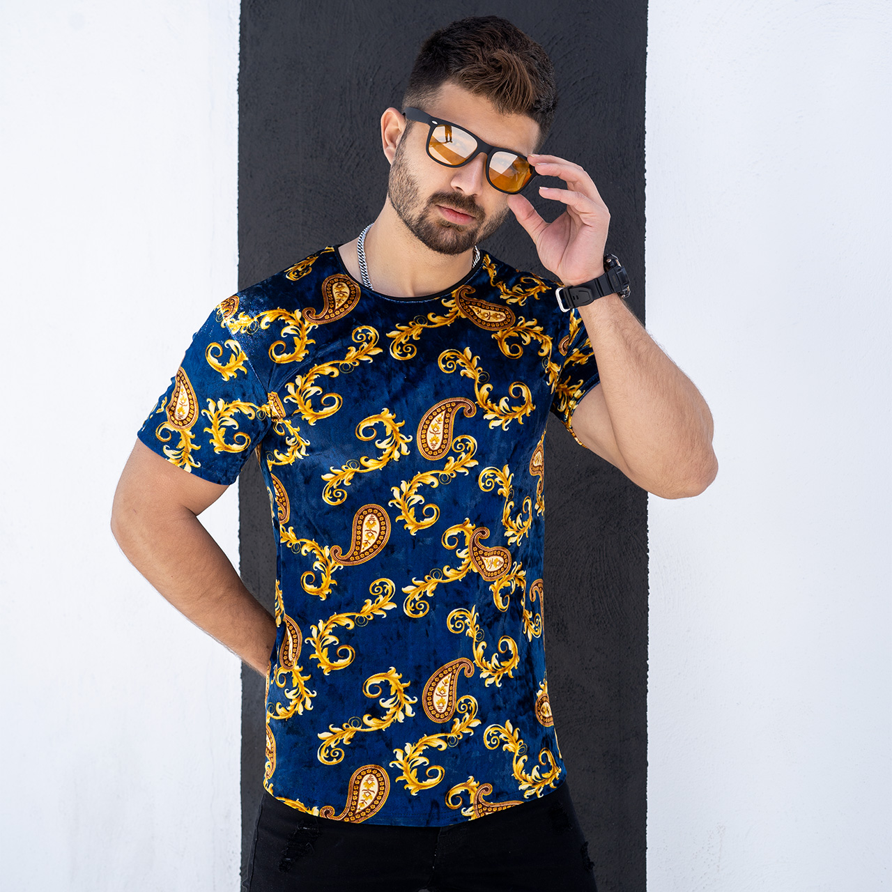 تیشرت مخمل آبی مردانه مدل H59