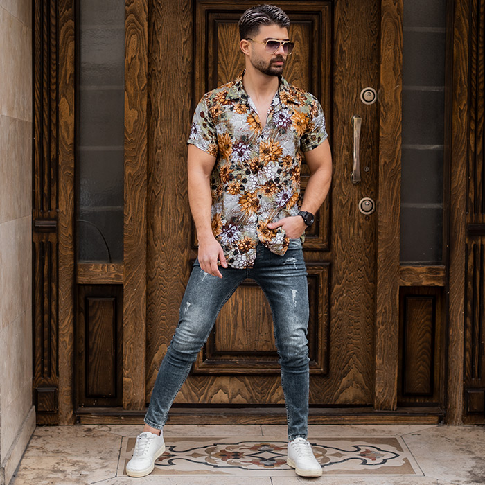 پیراهن مردانه گل آفتابگران قهوه ای مدل 57