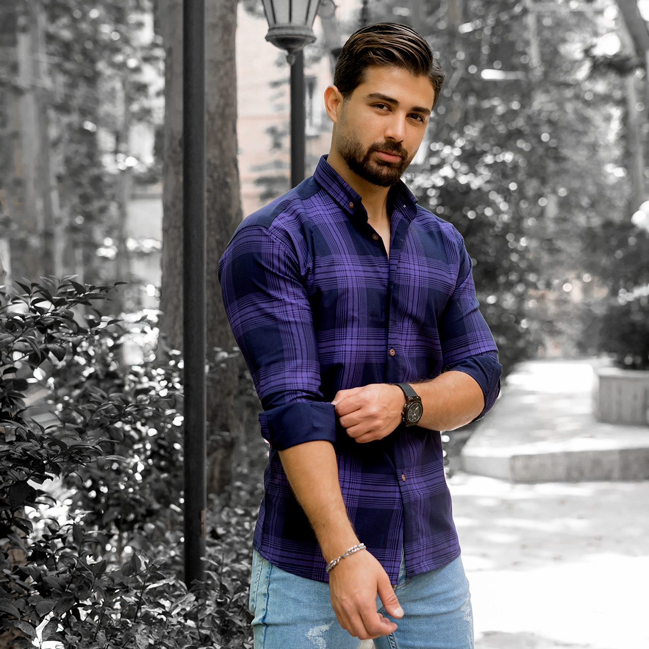 پیراهن مردانه(T) چهار خونه بنفش مدلzava