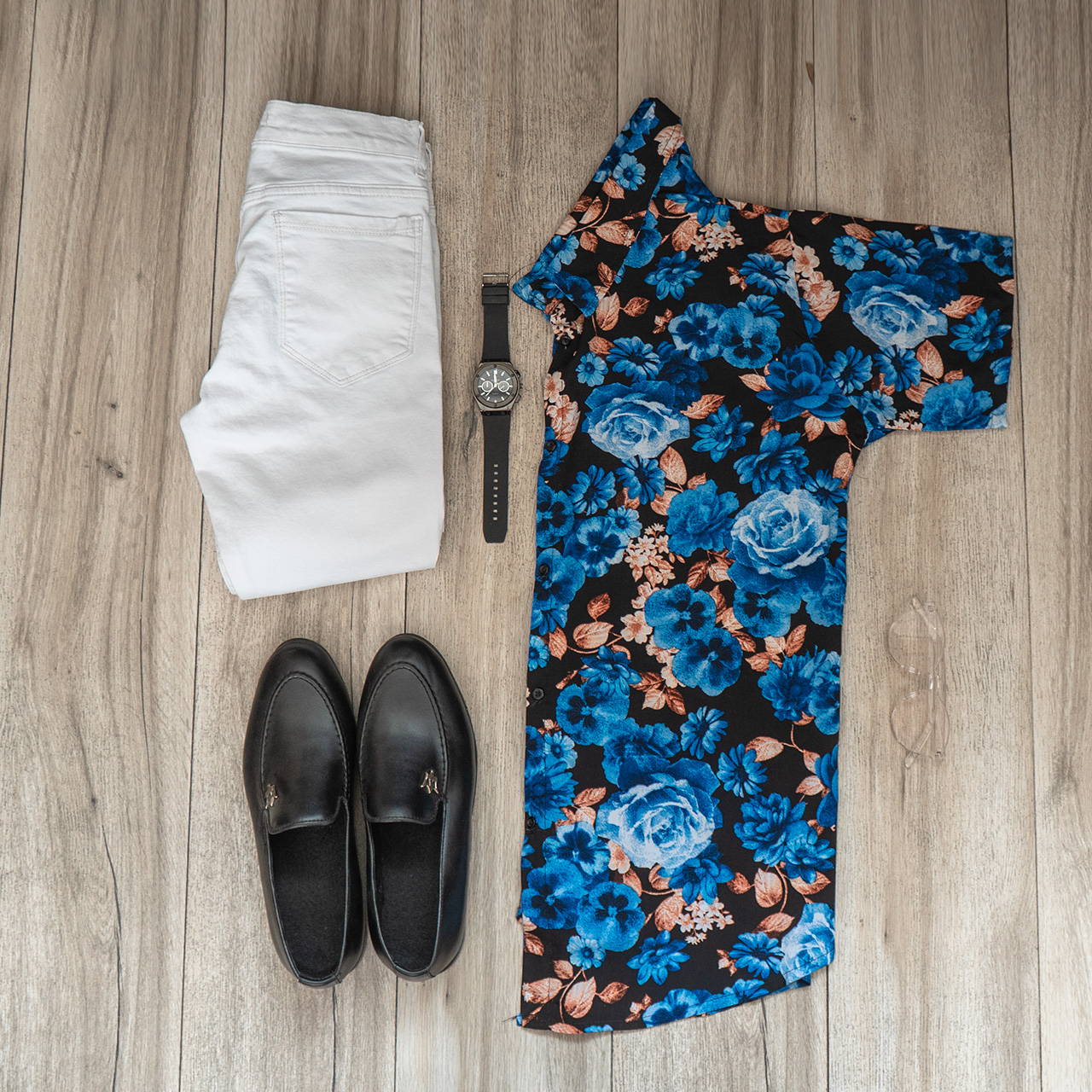 پیراهن هاوایی طرح گل آبی مردانه مدل P12