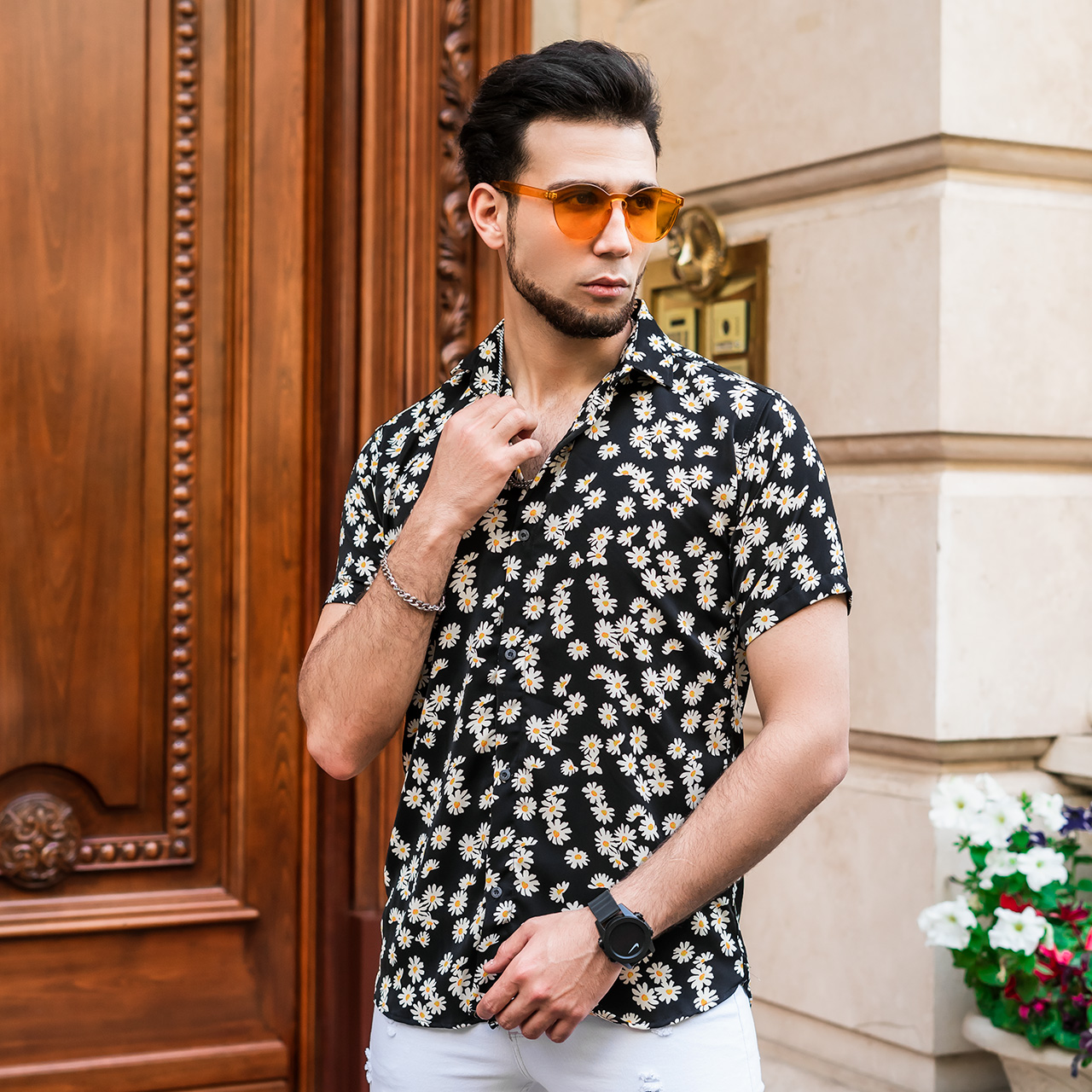 پیراهن هاوایی مردانه گلدار مدل F500