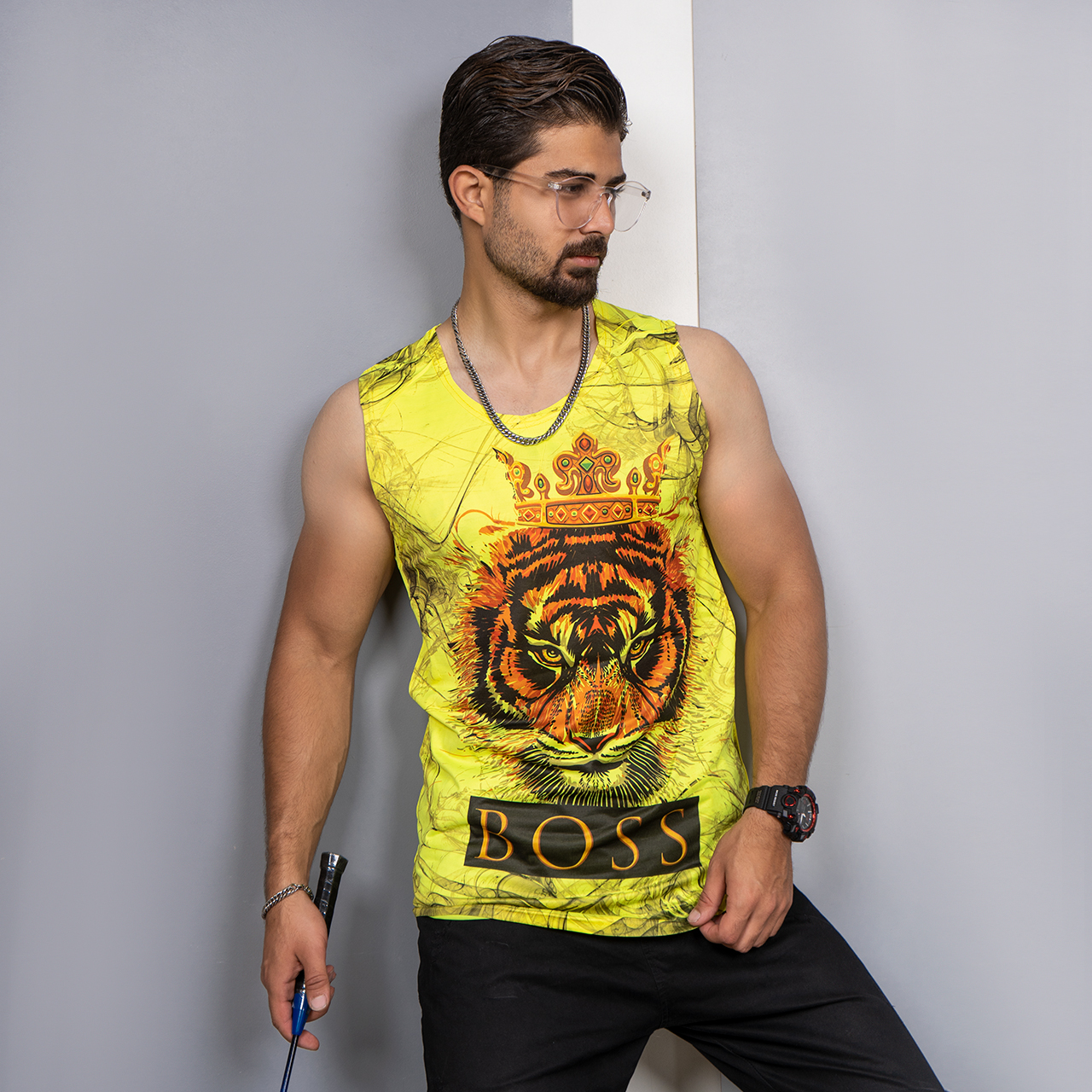 رکابی (T) زردطرح ببر مردانه مدل Boss