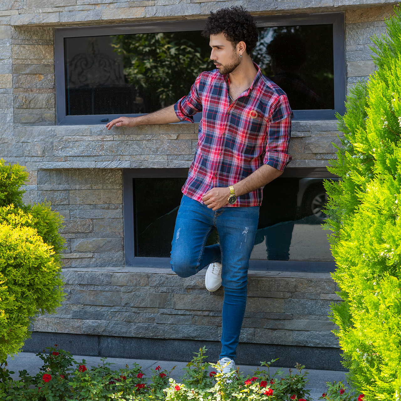 پیراهن چهارخونه مردانه سرمه ای قرمز مدلB13