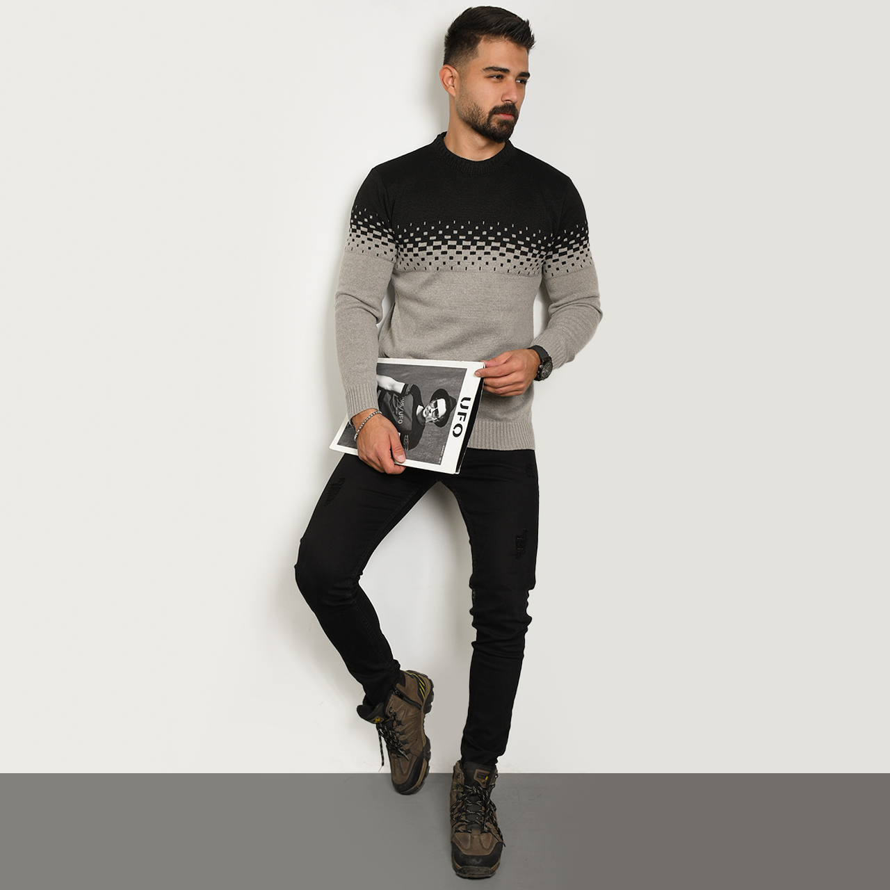 پلیور مردانه دو رنگ کرم مشکی مدلShatel