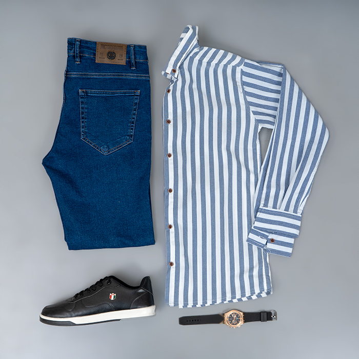 پیراهن راه راه سفید سرمه ای مردانه مدل HAMED