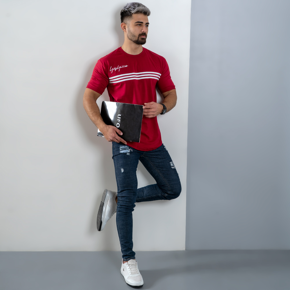 تیشرت مردانه سه خط زرشکی مدل DENVER