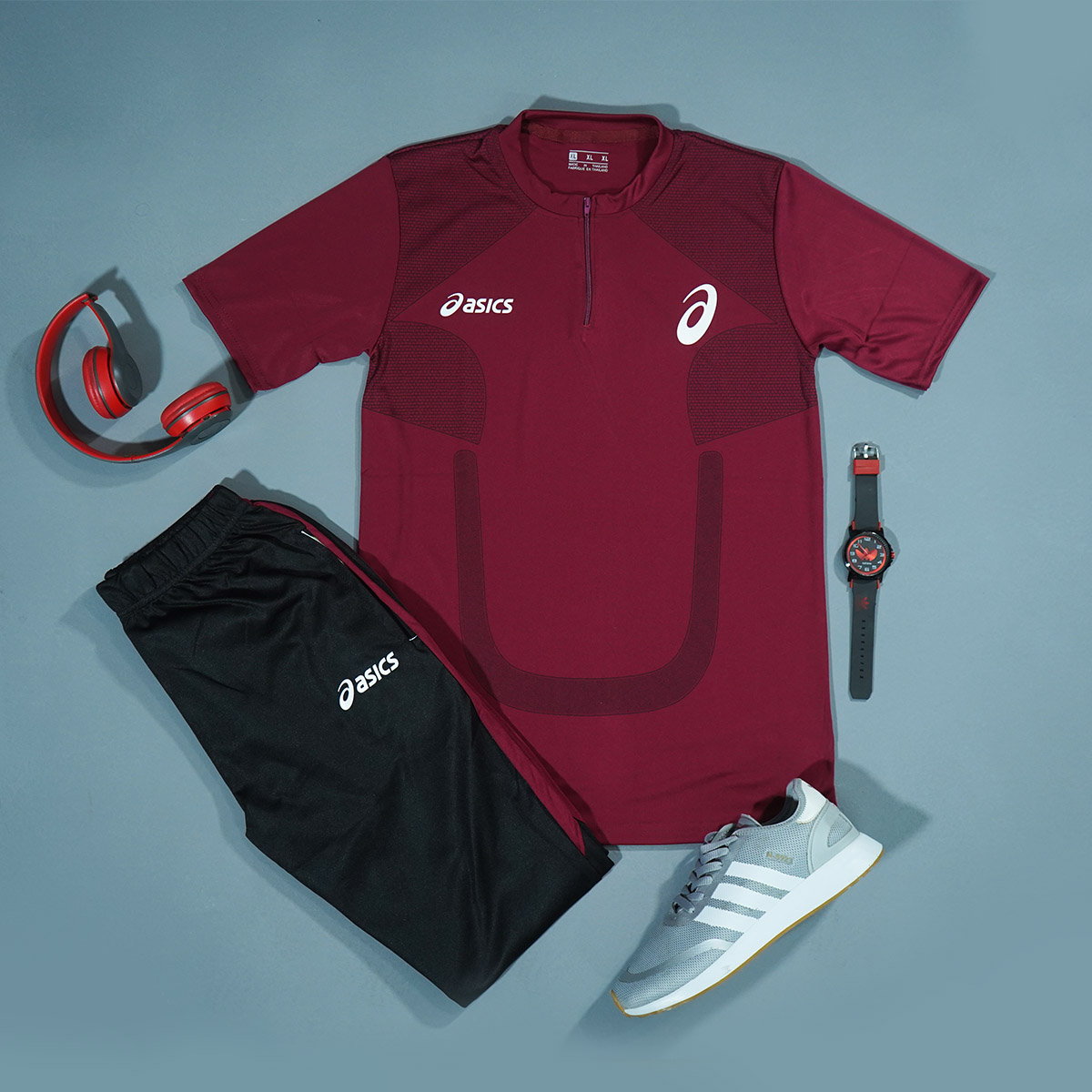 ست تیشرت شلوار مردانه زرشکی مدل ASICS