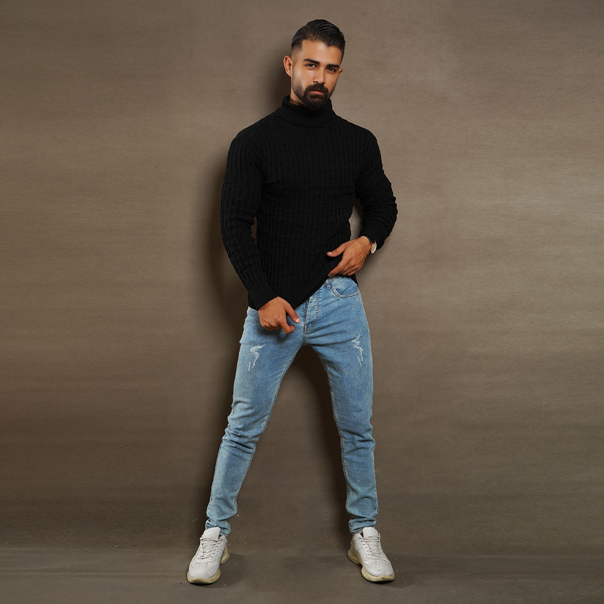 پلیوربافت مردانه مشکی یقه اسکی مدل Arad