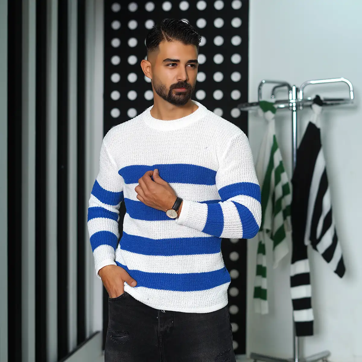 پلیور مردانه راه راه سفید آبی مدل Mahyad