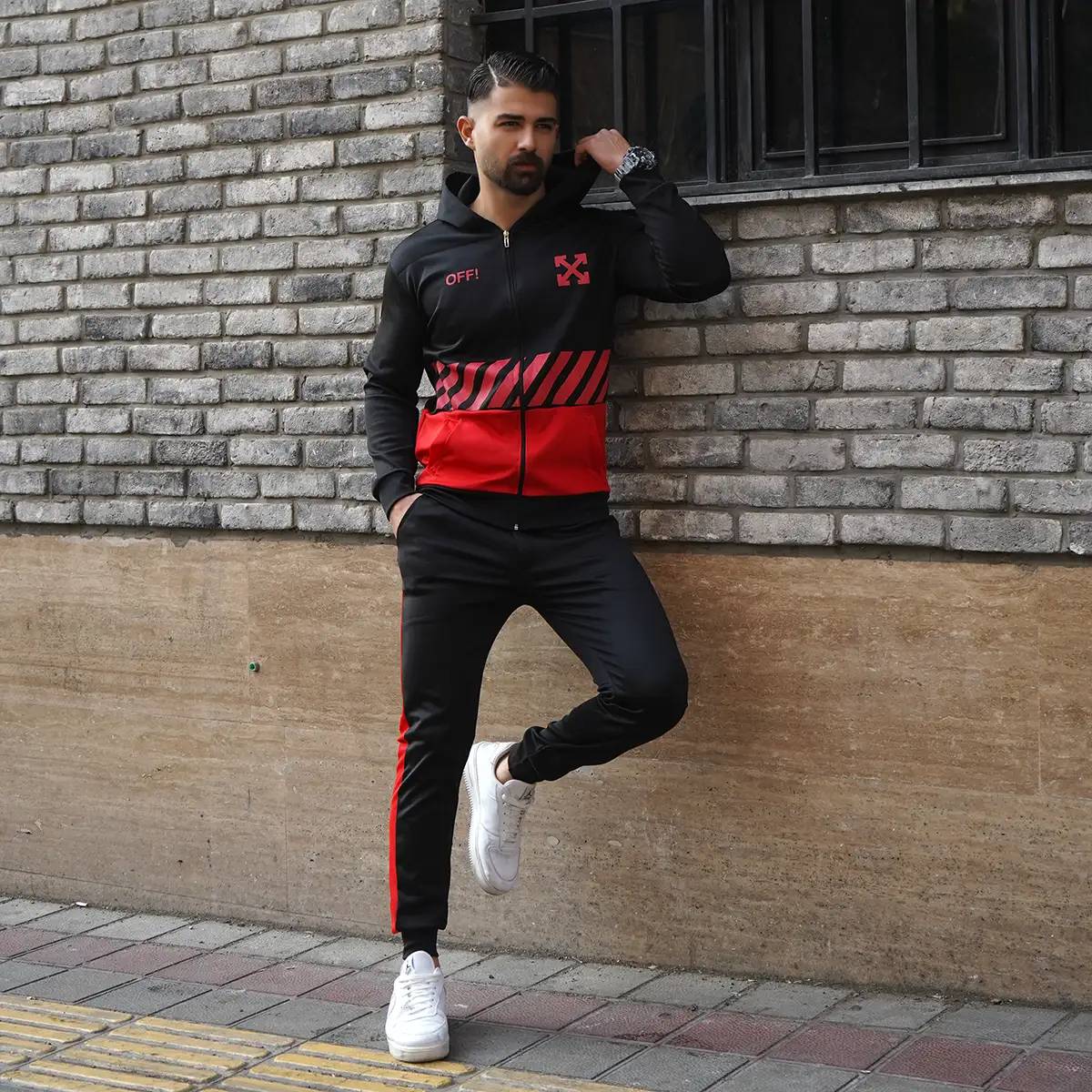 ست سوییشرت شلوار مردانه مشکی قرمزoff-white مدل Manga