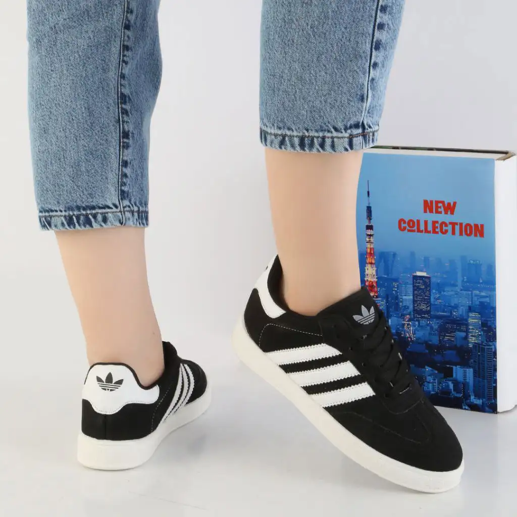 کفش تخت زنانه آدیداس مشکی سفید مدل Mehrnaz