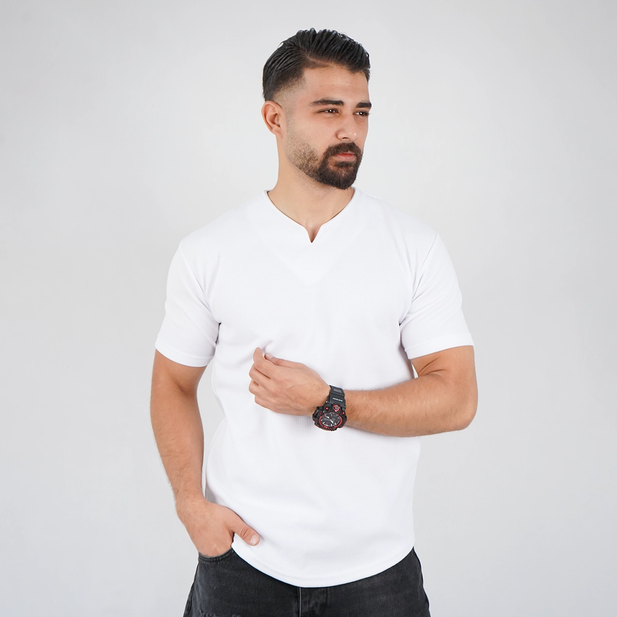 تیشرت سفید یقه کوبایی مردانه مدل Sorad