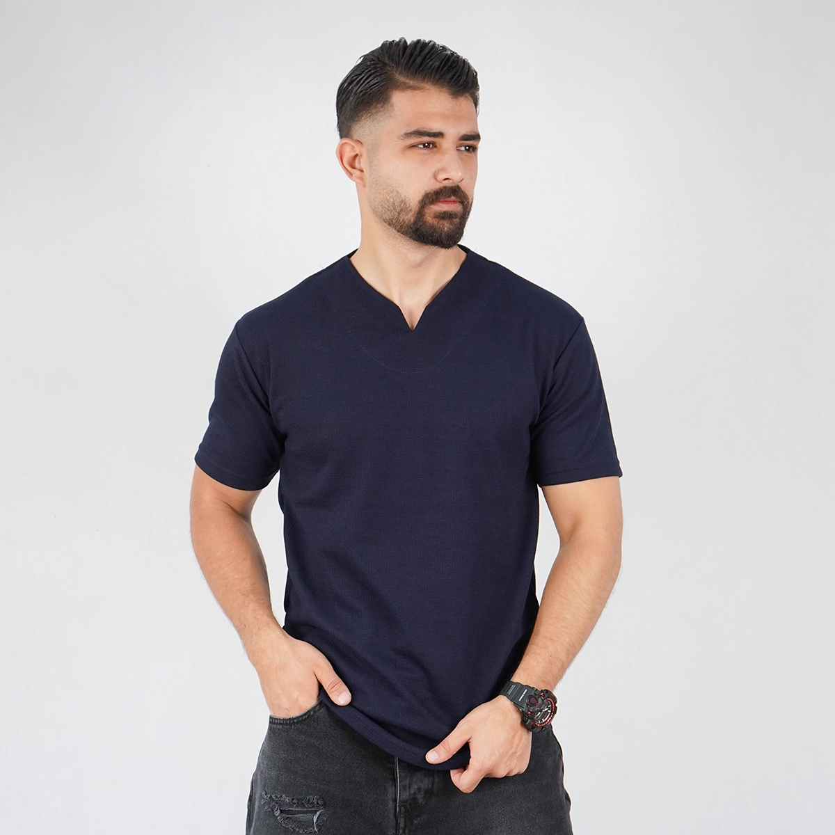 تیشرت سرمه ای یقه کوبایی مردانه مدل Sorad