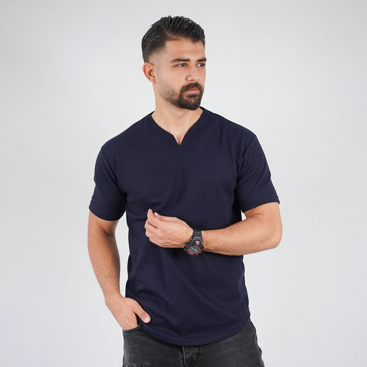 تیشرت سرمه ای یقه کوبایی مردانه مدل Sorad