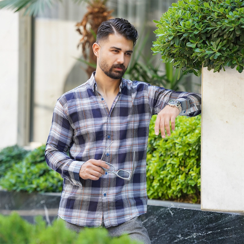 پیراهن چهارخونه سرمه ای نارنجی مردانه مدل Sany
