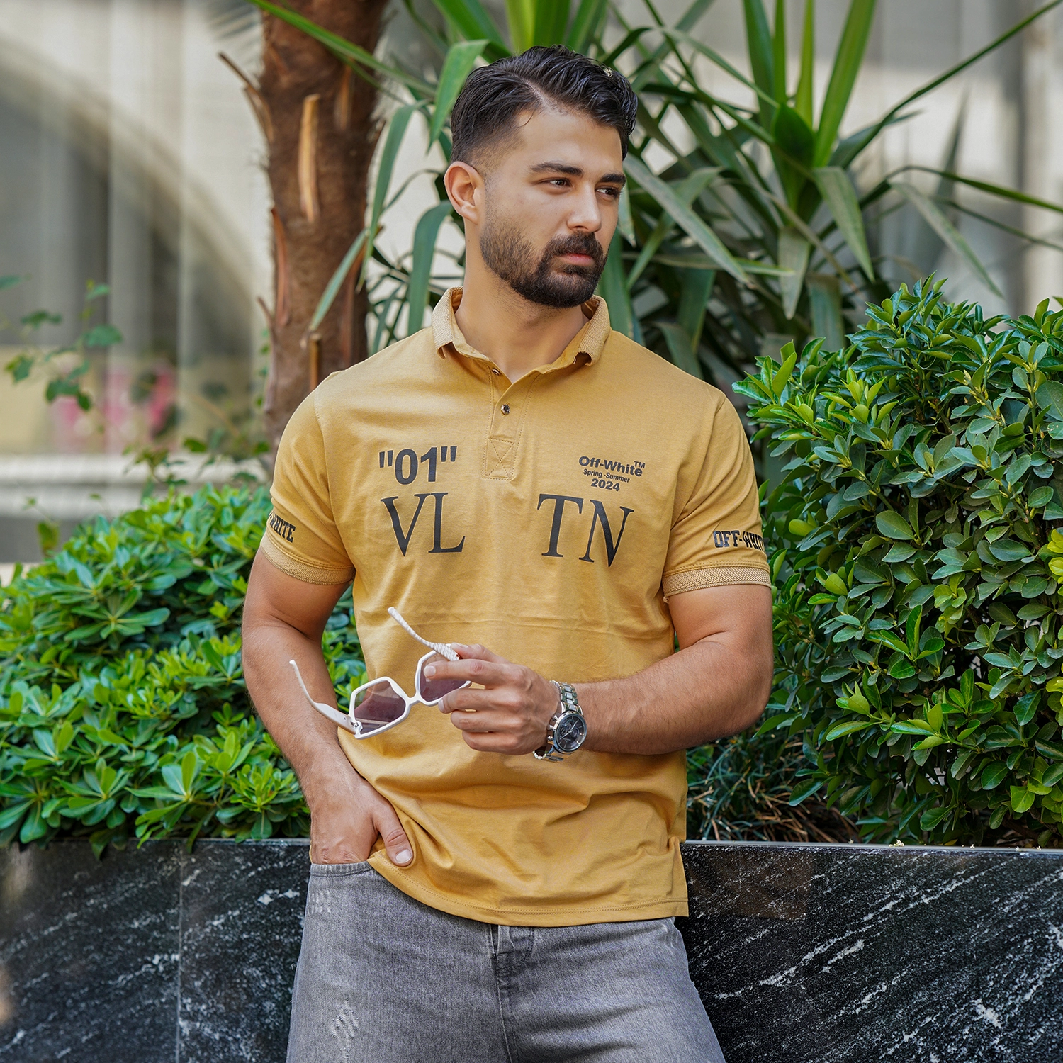 تیشرت مردانه خردلی مدل 01-LV