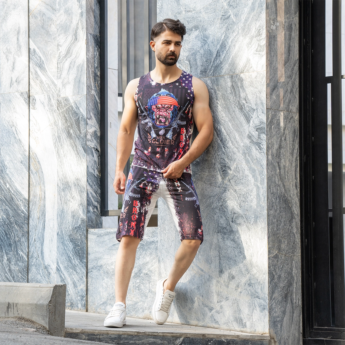 ست رکابی شلوارک مردانه طرح تفنگ مدل USA Soldier