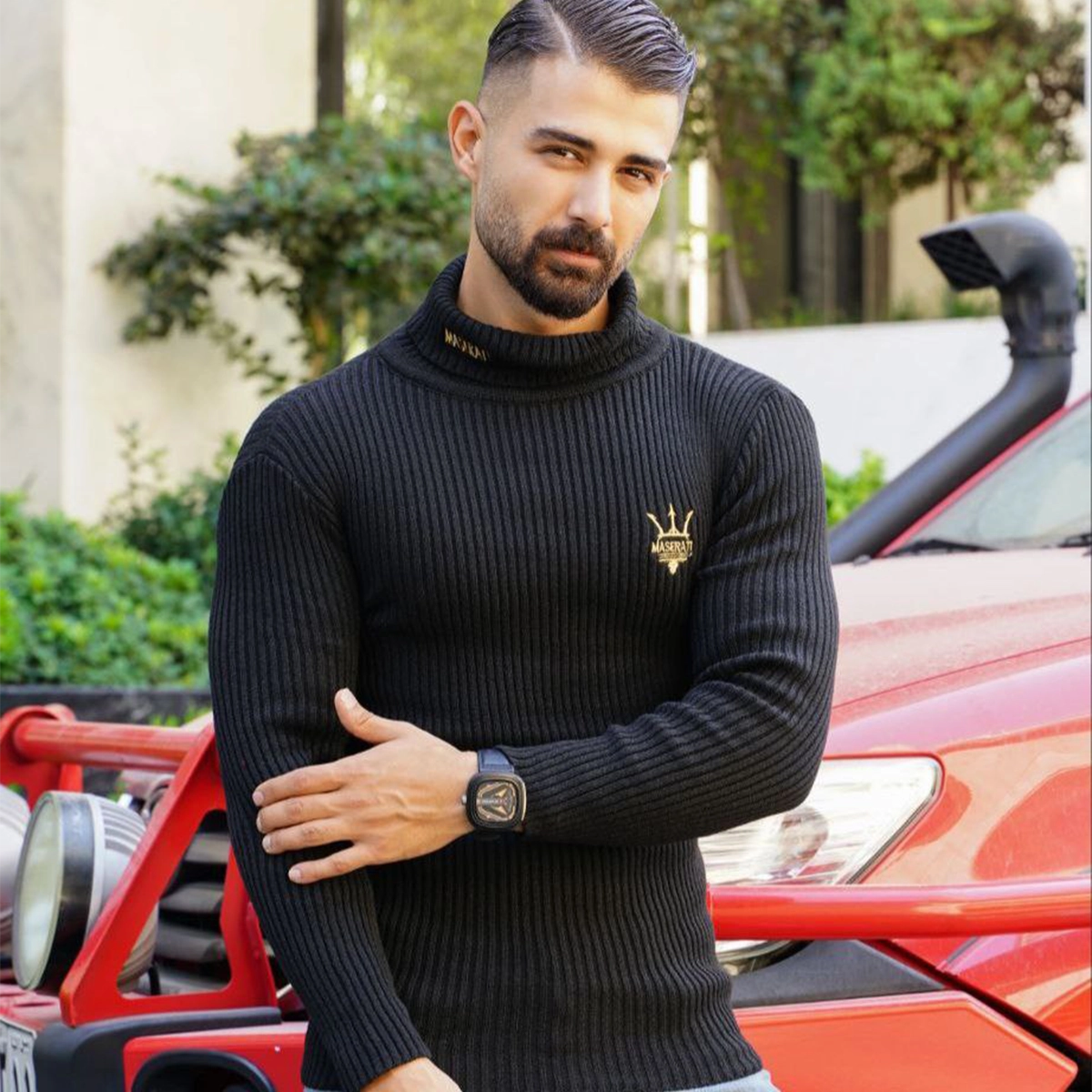 بافت یقه اسکی کبریتی مردانه مشکی مدل Rama