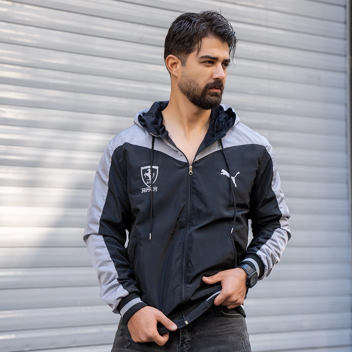 کاپشن مشکی طوسی مردانه مدل Ferrari