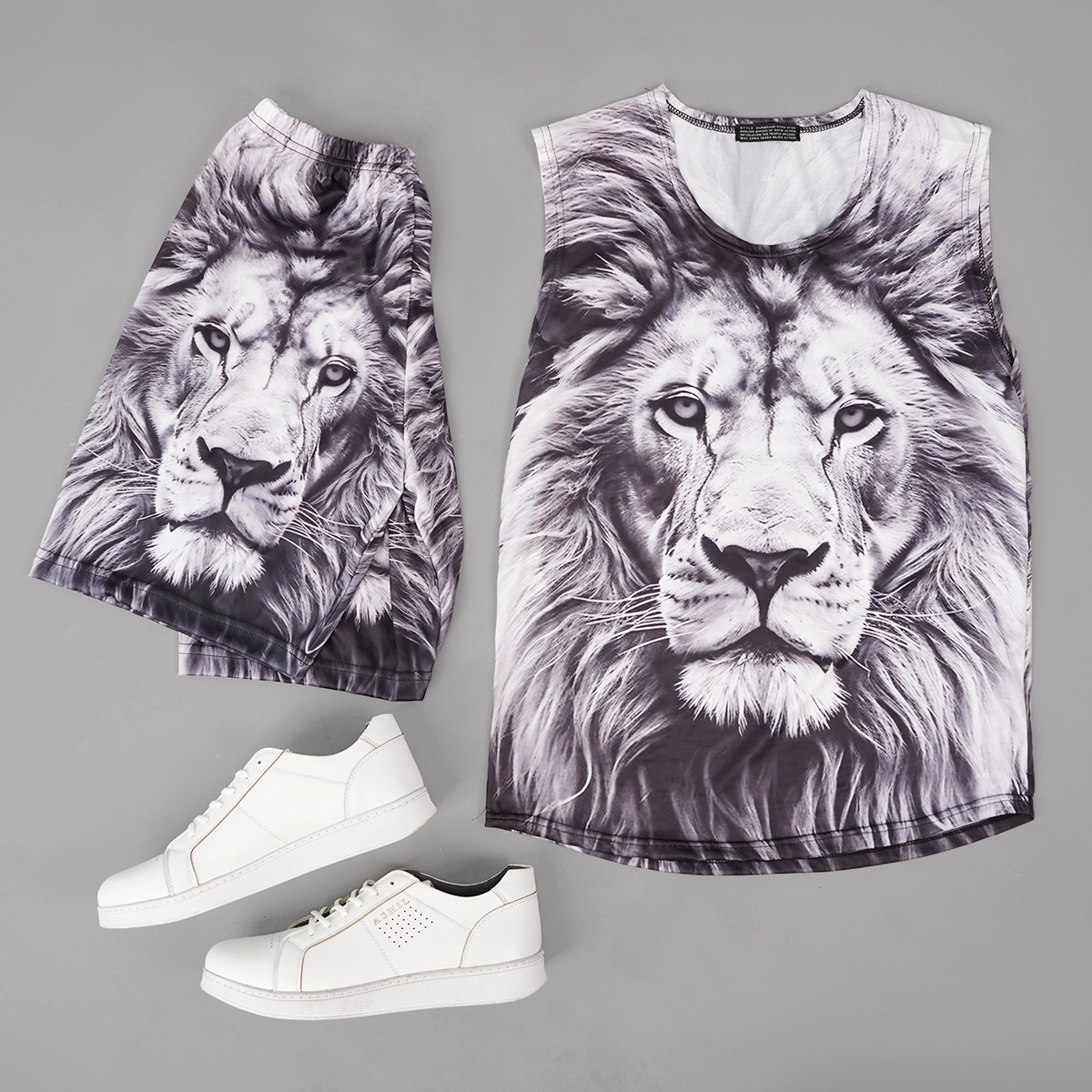 ست رکابی شلوارک مردانه طرح شیر سیاه و سفید