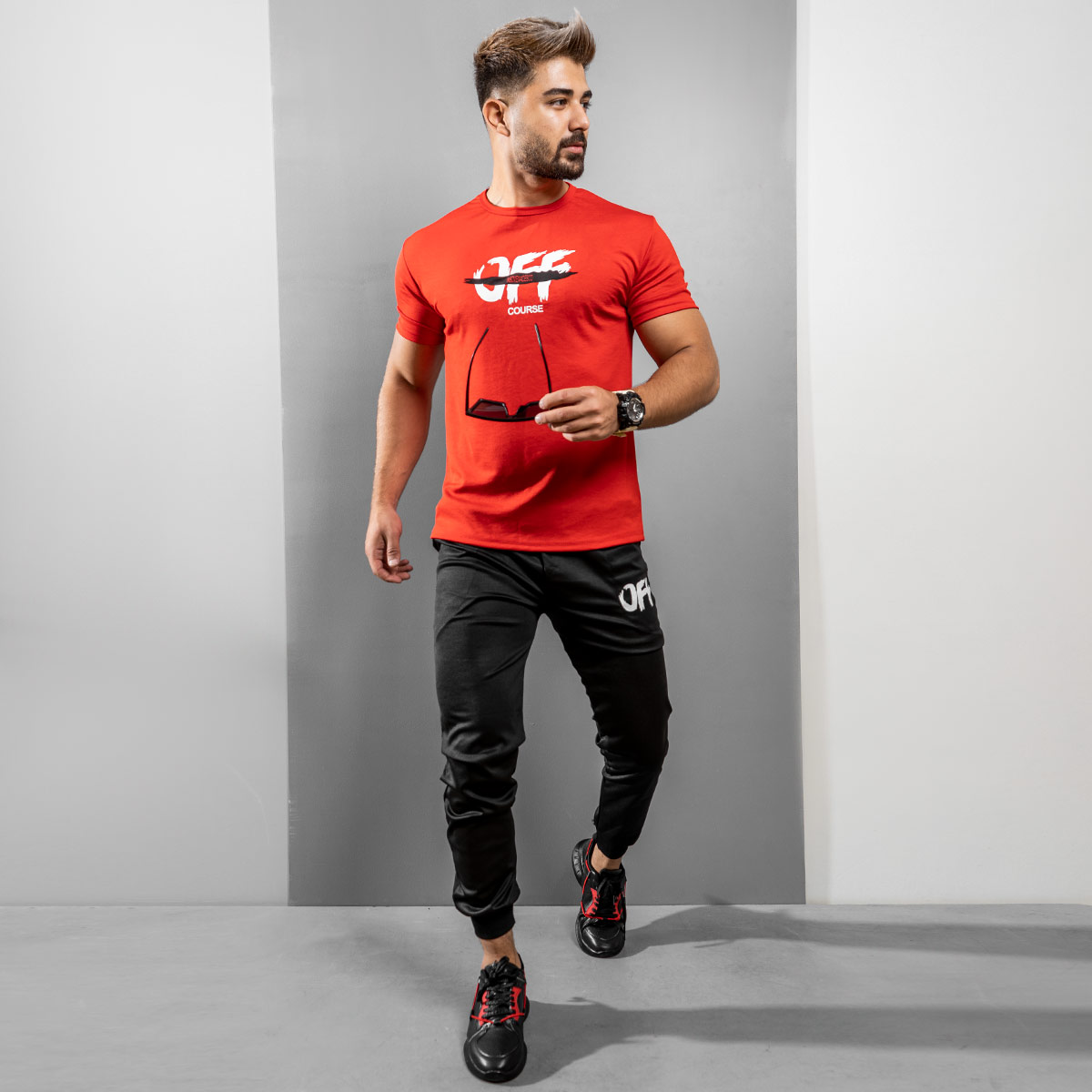 ست تیشرت شلوار مردانه OFF Course قرمز مدل Padma